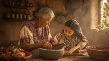 An elderly grandmother teaches her granddaughter traditional cooking from an old handwritten recipe book while preparing spices with a stone mortar in a rustic kitchen.