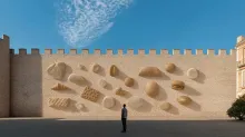 Person standing before a large wall covered with oversized food images, symbolizing persistent thoughts about food and the concept of food noise.