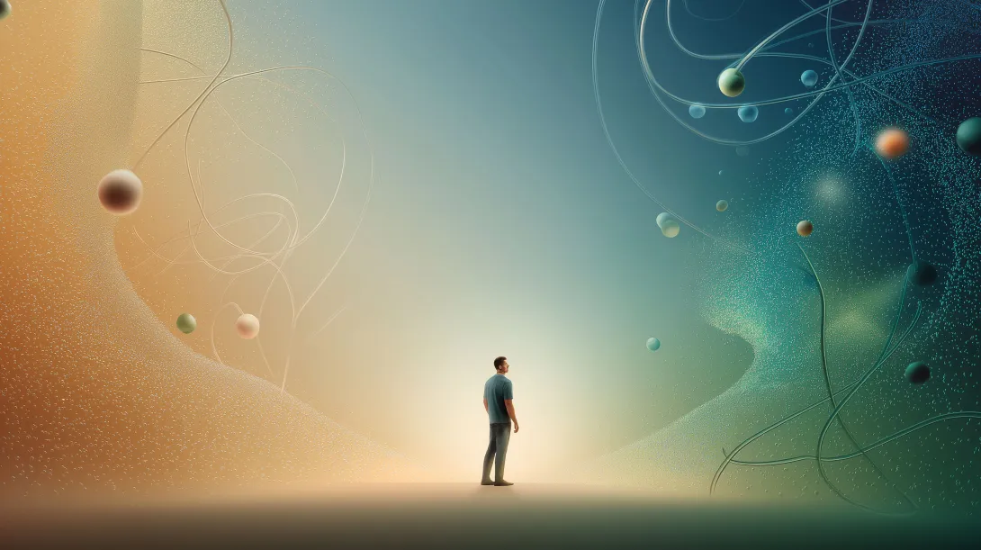 Minimal abstract illustration of a human figure standing between two contrasting environments, symbolizing the interaction between protein, fiber, and the gut microbiome system