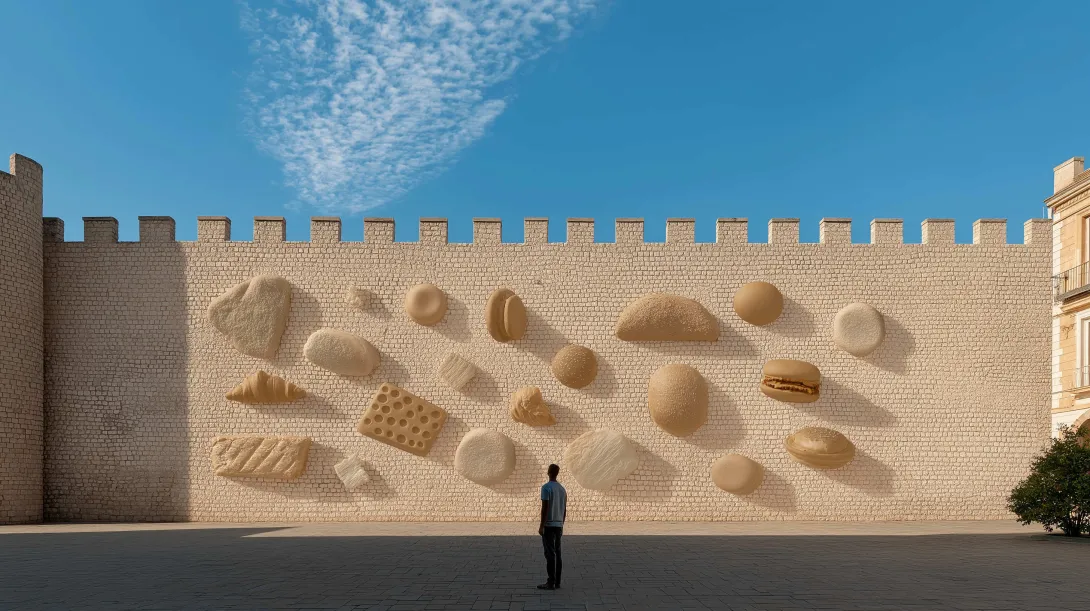 Person standing before a large wall covered with oversized food images, symbolizing persistent thoughts about food and the concept of food noise.