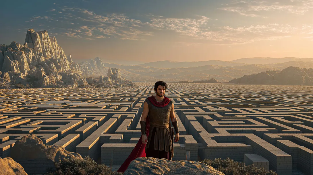 Ancient Greek hero standing before a vast stone labyrinth stretching across a mountainous landscape at sunset.