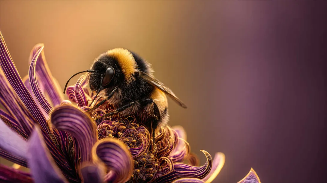 "Close-up of a bumblebee resting on the center of a vibrant purple flower, highlighting the intricate textures of the petals and the insect against a softly blurred background."