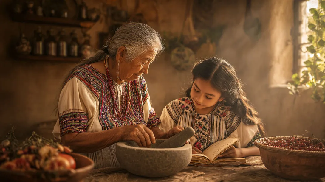 An elderly grandmother teaches her granddaughter traditional cooking from an old handwritten recipe book while preparing spices with a stone mortar in a rustic kitchen.