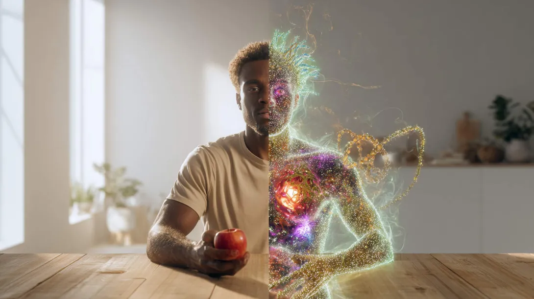 A man sits beside a glowing visualization of his microbiome, shown as a vibrant human-shaped ecosystem holding an apple, illustrating how gut microbes work alongside food to influence health and metabolism.