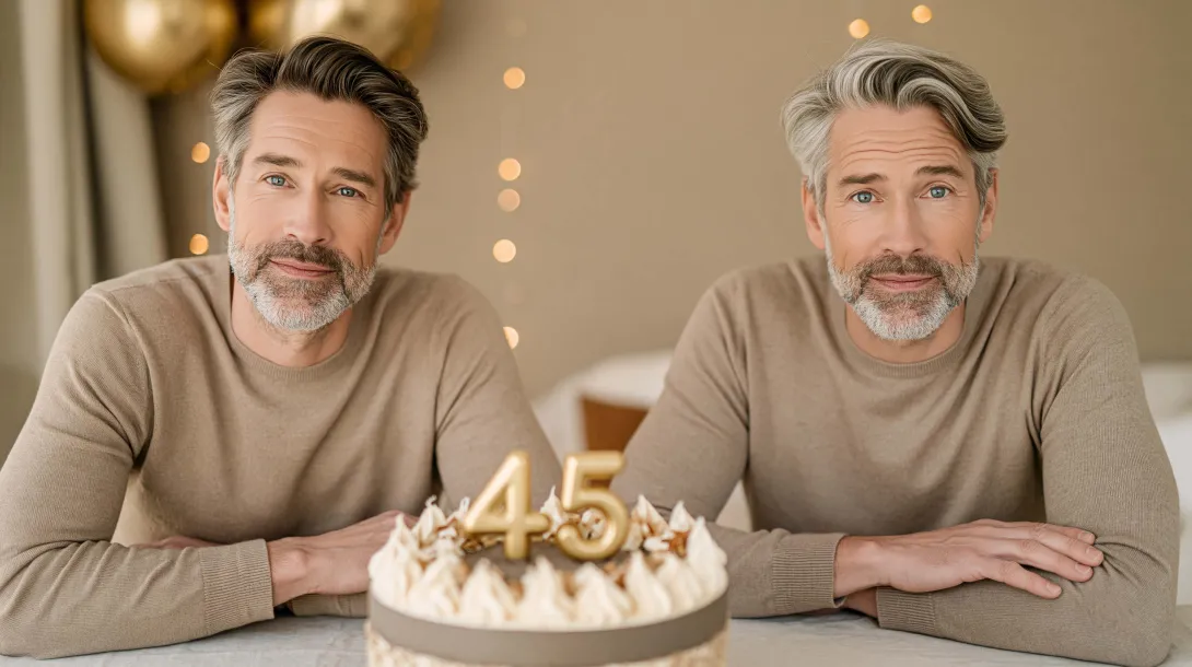 Two middle-aged men with different signs of aging sit behind a birthday cake with golden "45" candles, illustrating the concept of biological age.