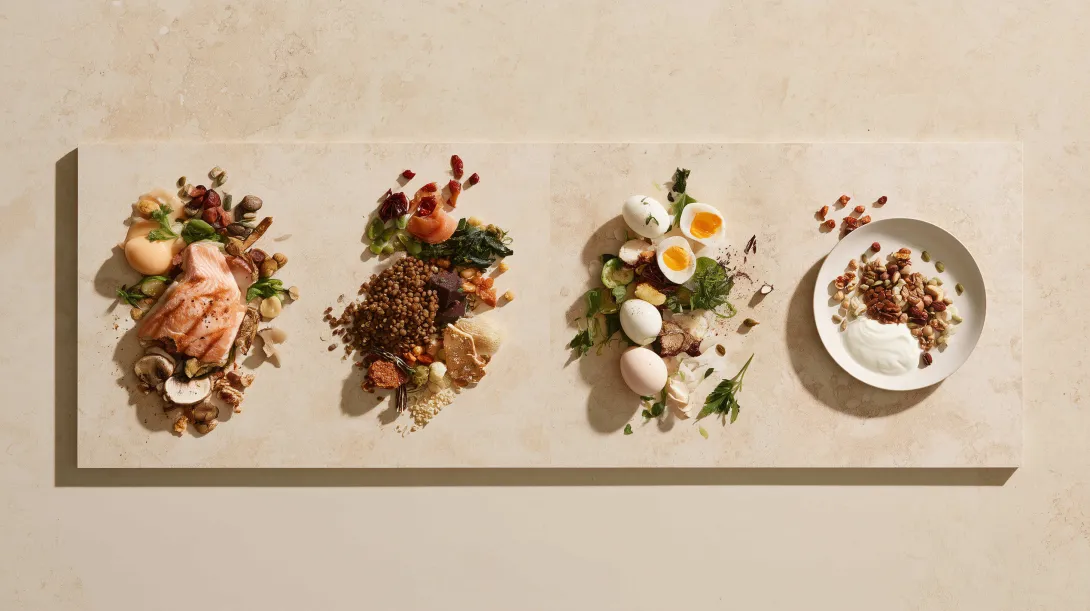 Overhead view of salmon, lentils, eggs, yogurt, nuts and vegetables illustrating different whole-food protein sources and their nutritional packages.