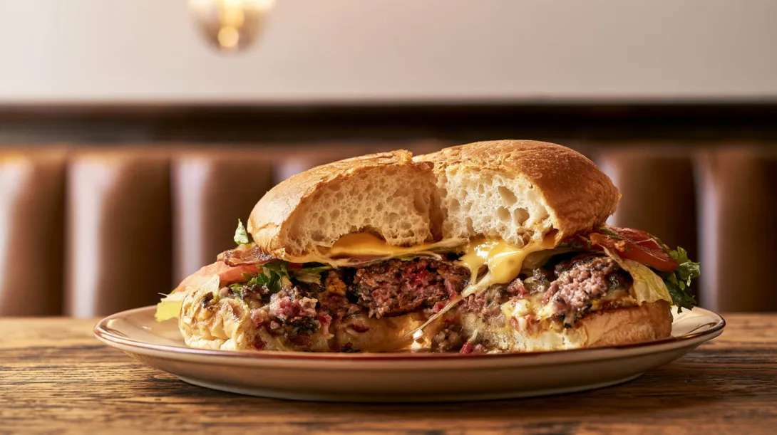 Two halves of a broken cheeseburger on a plate, revealing the soft bun, beef patty, melted cheese, tomato, and lettuce in a warm restaurant setting.